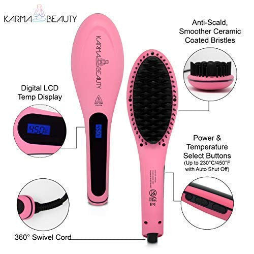 直发梳 | 防烫直发热刷 | 离子陶瓷技术 | 液晶屏 | 自动关机 | Karma Beauty |（粉色）