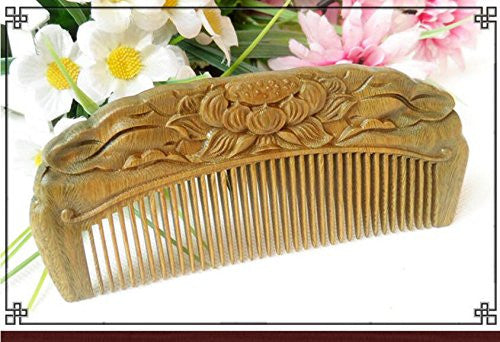 Handmade Carved Natural Sandalwood Hair Comb - Anti-Static Sandalwood Hair Comb Beard Brush Rake Comb Handmade Engraving Lotus