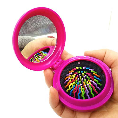 Mini Travel Makeup Hair Brushes Folding Hair Brush Gifts for Women Pocket Wet Magic Round Hair Comb Mirror (Pink)