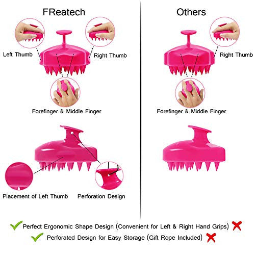 Brosse de massage pour cuir chevelu FReatech [Humide et sec], poils en silicone souples, soin du cuir chevelu, exfoliation et élimination des pellicules, stimulation de la pousse des cheveux - Rouge