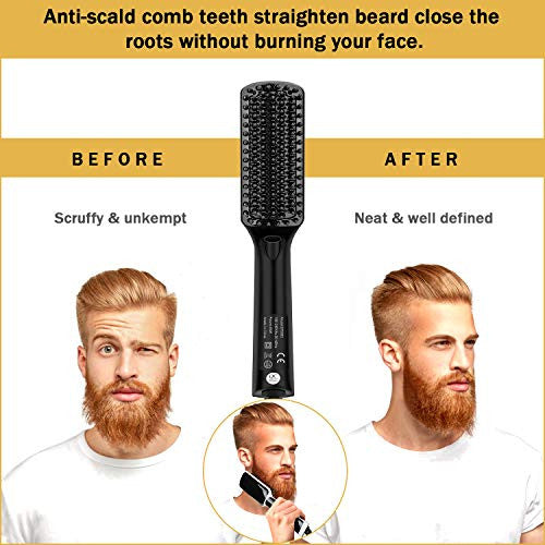 Beard Straightener for Men Ionic Premium Hair Straightening Brush Beard/Hair Straightener with Anti-Scald Feature Portable Beard Straightener Comb with LED Display for Home & Travel-1601025268