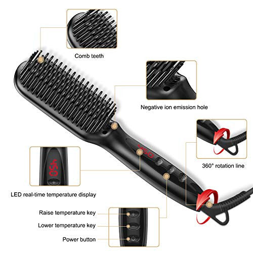 Brosse à lisser les cheveux, brosse chauffante ionique avec fonction anti-brûlure, verrouillage automatique de la température et fonction d'arrêt automatique, double tension (100 V-240 V)