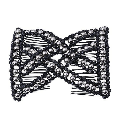 Lovef Easy Magic Hair Beauty Decoration Comb Pearl Stretchy Beaded Hairpin Bow Double Combs Lady in Assorted Color (Grey)