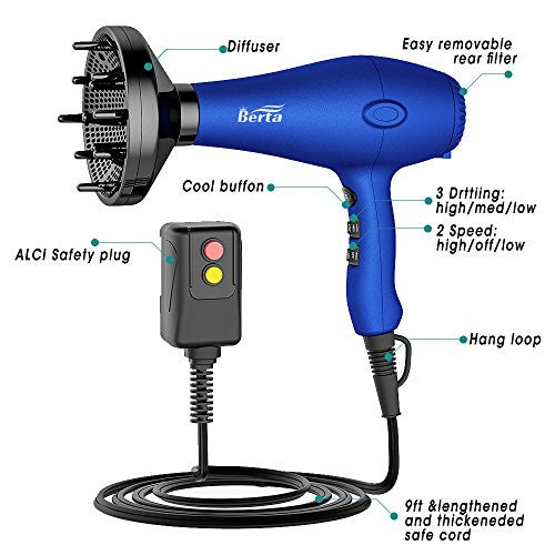 Professional Ionic Hair Dryer with Diffuser Concentrator Comb, 1875w Negative Ionic Blow Dryer with 2 Speeds 3 Heat