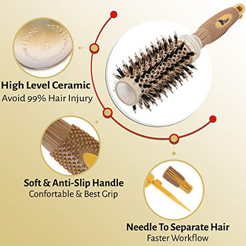 Fagaci Small Round Brush for Blow Drying with Natural Boar Bristle, Round Brush | Nano Technology Ceramic + Ionic for Hair Styling, Drying, Healthy Hair and Add Volume | Hair Brush + 4 Styling Clips