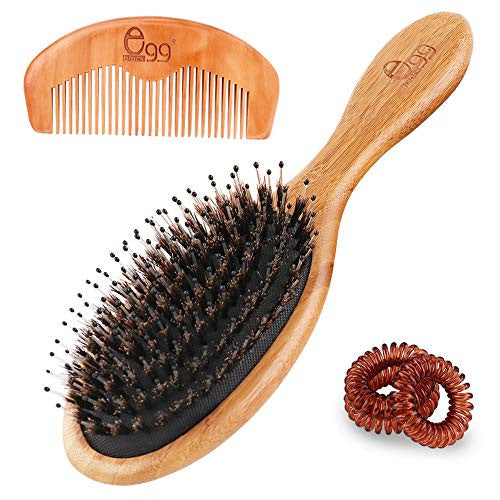Brosse à cheveux en poils de sanglier BLACK EGG, brosse à cheveux en poils naturels pour femmes, hommes et enfants, brosse à cheveux en bambou pour cheveux mouillés/secs, lissant, massant, démêlant, réduisant les frisottis, restaure la brillance naturelle