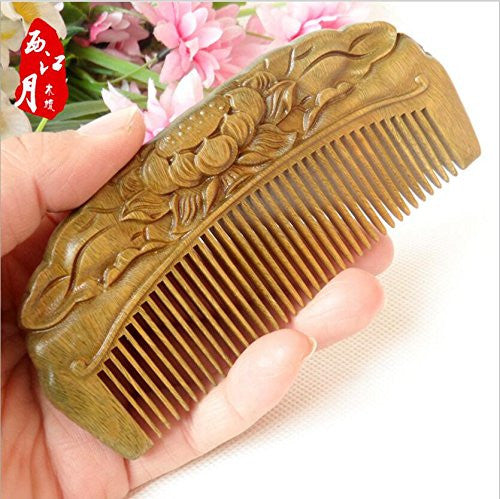 Handmade Carved Natural Sandalwood Hair Comb - Anti-Static Sandalwood Hair Comb Beard Brush Rake Comb Handmade Engraving Lotus