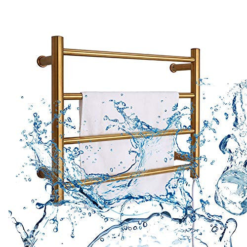 BILLY'S HOME Sèche-serviettes électrique, tour chauffante électrique en acier inoxydable 304 avec 4 barres chauffantes, montage mural pour salle de bain, or 450 × 540 × 125 mm, plug-in