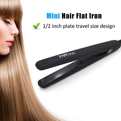 FARI Travel Mini Hair Flat Iron 1/2 Inch Ceramic Tourmaline Hair Straightener with Travel Bag Dual Voltage Travel Iron For Worldwide Use Temp 400F (Black)