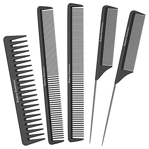 Salon Styling Combs | 5 Piece | Professional Black Carbon Fiber Hair Combs | Detangling Comb | Rat Tail Comb | Teasing Comb | Salon Grade Combo Comb Set for Men and Women by Bardeau Essentials