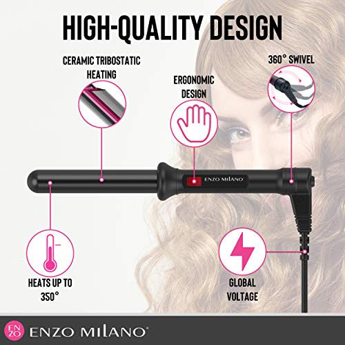 ENZO Milano 25mm (1 Inch) Analog Clipless Ceramic Curling Iron/Curling Wand Bundle (w/Heat Resistant Glove + Weaving Comb)