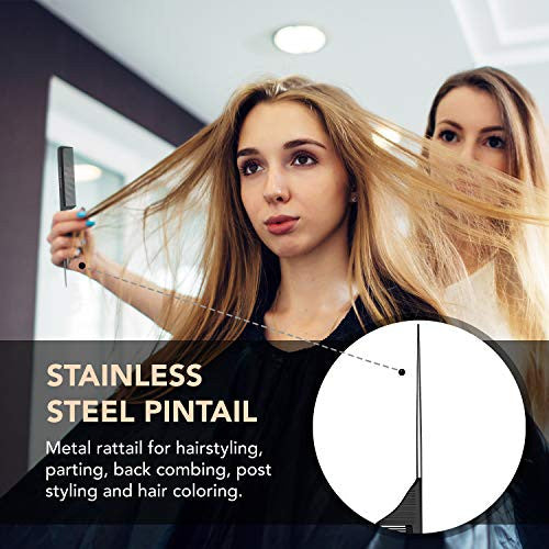 Peigne à queue professionnel de 8,8 pouces (paquet de 5) - Fibre de carbone noire et queue en acier inoxydable - Peigne taquin résistant aux produits chimiques et à la chaleur - Peigne à queue de rat léger pour tous les types de cheveux