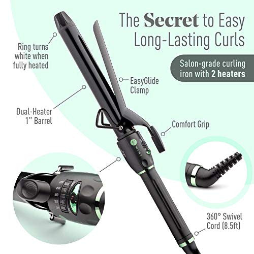 Professional Series Curling Iron 1 inch by MINT | Extra-Long 2-Heater Ceramic Barrel That Stays Hot. Hair Curler/Curl Former for Small to Medium Curls. Travel-Ready Dual Voltage.