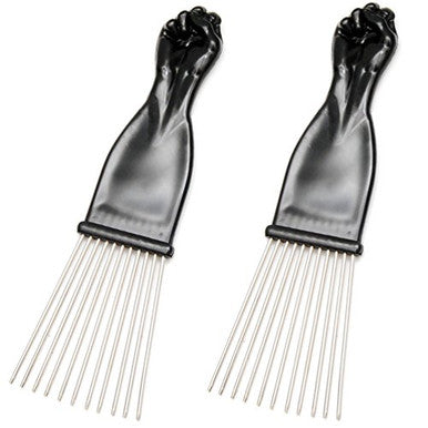 Luxxii (2 Pack) 7" Black Fist Metal Afro Pik Lift Hair Comb Detangle Wig Braid Hair Man Styling Comb (Black)