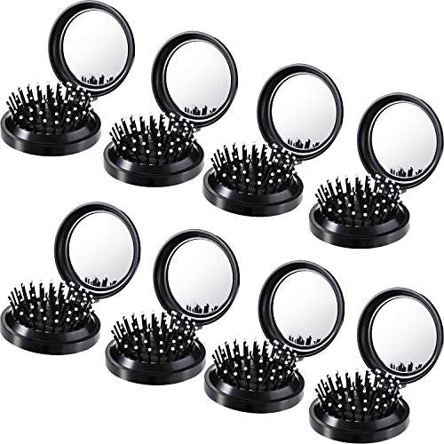 8 Pieces Round Travel Hair Brush Mini Hair Comb with Make up Mirror Pocket Hair Brush Folding Hair Brush for Travel (Black)