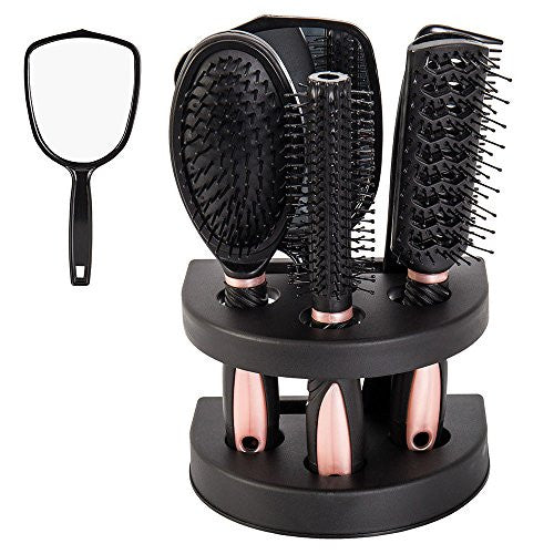 Enjoygous 5PCS Pro Hair Brush Set - Velvet Touch Paddle Hair Brush, Detangle Comb, Mirror And Holder Stand Set - Hair Care Massage Brush - No More Tangle - Women Ladies Wet, General(PINK)