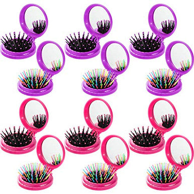 12 Pieces Round Travel Hair Brush with Mirror Folding Pocket Hairbrush with Make up Mirror Travel Hair Comb for Women Girls Travel Daily Use Purse Gift Idea (Purple, Rose Red)