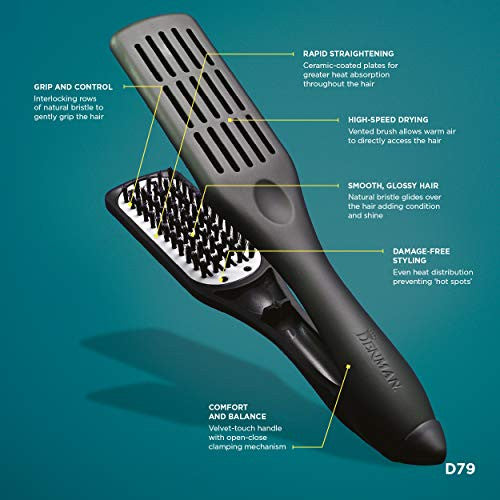 Denman Professional Hair Straightener Brush D79 - Ceramic Flat Iron Hair Comb with Boar Bristles - For Wide, Wavy, Curly, Coily Hair – Black