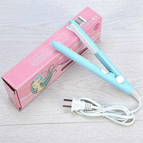 2 in 1 Mini Hair Straightener Ceramic Tourmaline Plate Beauty Flat Iron Heating Curler（4Colors ） (Sky blue beauty plug)