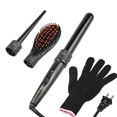 3 in 1 Curling Iron Set Curling Wand with Hair Straightening Brush and 2 Interchangeable Curling Wand Ceramic Barrels & Heat Protective Glove