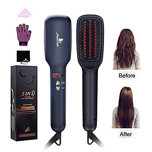 MEXITOP Ionic Hair Straightener Crescent Brush Comb,MCH Ceramic Heating, LED Display, Adjustable Temperatures, Anti Scald Hair Straightening for All Hair Types/4 Bonus Included/Matt Black