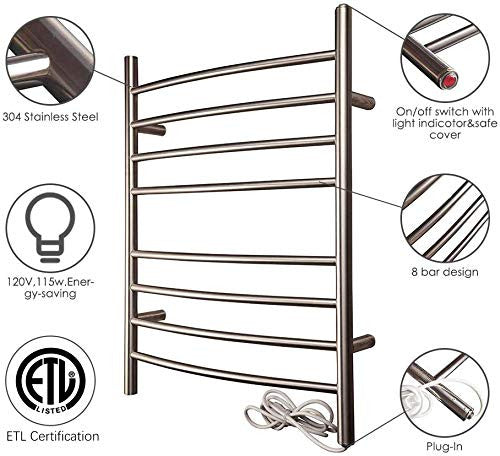 HEATGENE Towel Warmer 8 Bar Plug-in Curved Bath Towel Heater Brushed