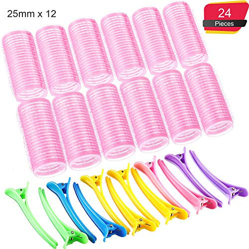 Self Grip Hair Rollers Set, Self Holding Rollers and Multicolor Plastic Duck Teeth Bows Hair Clips Hairdressing Curlers for Women, Men and Kids (24 Pieces, 25 mm)