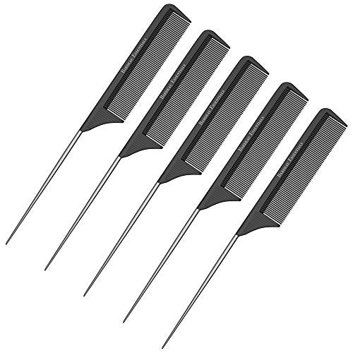 Professional 8.8 Inch Tail Comb (5 Pack) - Black Carbon Fiber And Stainless Steel Pintail - Chemical And Heat Resistant Teasing Comb - Lightweight Rat Tail Comb For All Hair Types