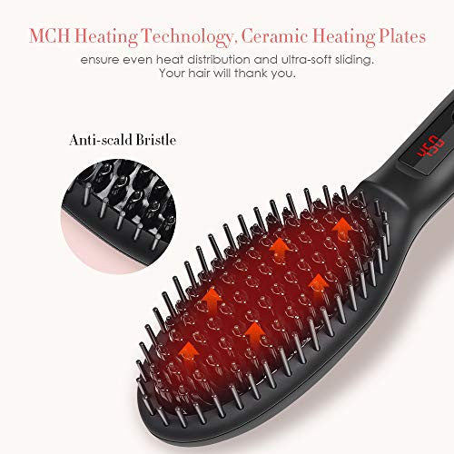 Hair Straightening Brush, SwanMyst Ceramic Ionic Hair Straightener Brush Iron with Auto Temperature Lock and Auto Shut-off Function, Universal Dual Voltage, Gift Water-proof Travel Pouch, Matt Black