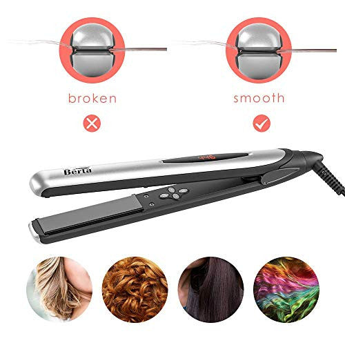 BERTA 1 Inch Ceramic Negative Ions Flat Iron, Professional Hair Straightener, Instant Heat with Adjustable Temperature 284-446℉, 360° Swivel Cord, 3D Floating Effect Panel Digital LCD Display, Silver