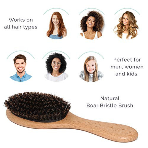 Natemia Ensemble brosse à cheveux et peigne en bois en poils de sanglier pour femmes, hommes et enfants – Idéal pour les cheveux fins et normaux – Ajoute de la brillance et améliore la texture des cheveux