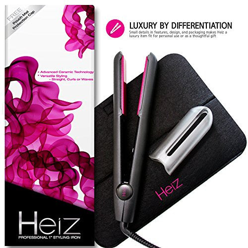 Heiz 1" Ceramic Flat Iron Hair Straightener with Safety Storage Cap and Travel Pouch. 9 Feet Cord and 360 Degree Swivel for Versatile Use