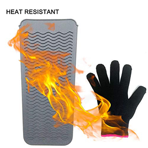 Pochette pour tapis résistant à la chaleur et gant résistant à la chaleur pour fers à friser, lisseurs, fers plats et outils de coiffure 11,5" x 6", silicone de qualité alimentaire, gris