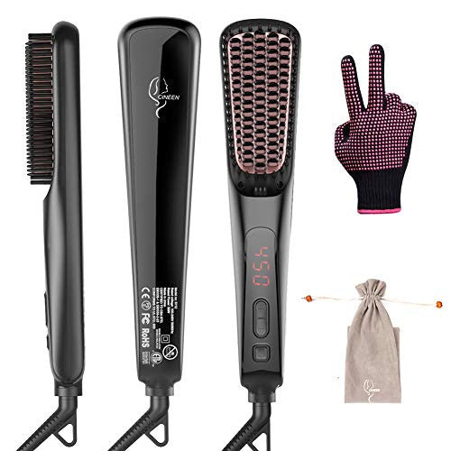CINEEN Brosse à lisser ionique, brosse à lisser les cheveux avec chauffage rapide en céramique MCH, peigne à lisser avec anti-brûlure, réglage de la température, arrêt automatique pour la maison et les voyages