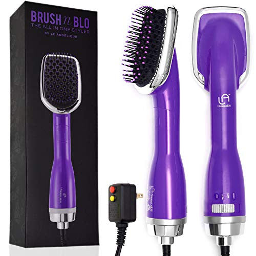 Le Angelique Brush N Blo - One Step Hair Straightening Blow Dryer Brush for Easy & Quick Curly Hair Styling | 1000W Hot/Cold Air Straightener | No-Frizz Tourmaline Tech Detangles & Boost Shine -Purple