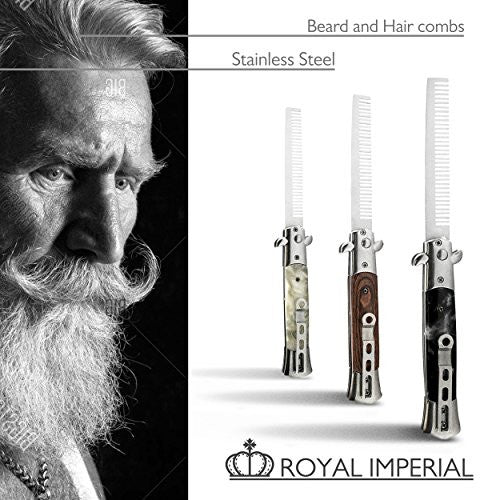 Royal Imperial Metal Switchblade Pocket Folding Flick Hair Comb For Beard or Mustache White Pearl Handle INCLUDES Beard Fact Wallet Booklet.