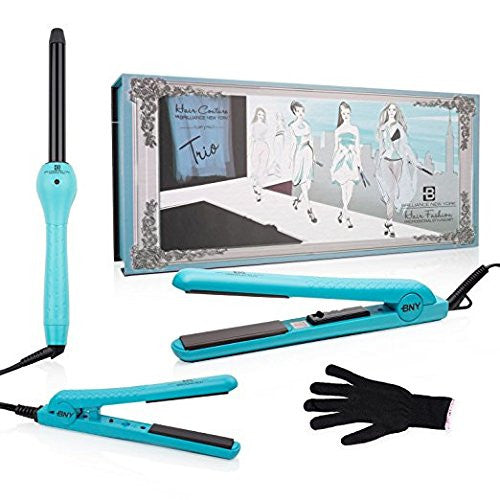 Brilliance New York - Trio Flat and Curling Irons Set: 1.25" Diamond and Ceramic Flat Iron + 1/2" Mini Diamond Flat Iron + 1" Clipless Curling Iron, Turquoise