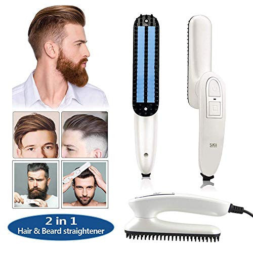 SiKii Beard Straightener for Men, Brush Hair Straightening Comb Quick Heated Brush for Home and Travel MC11(White)