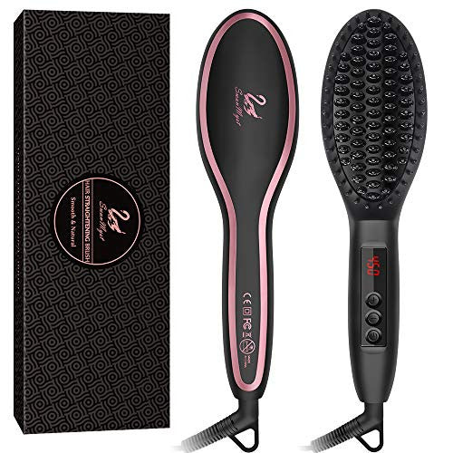 Hair Straightening Brush, SwanMyst Ceramic Ionic Hair Straightener Brush Iron with Auto Temperature Lock and Auto Shut-off Function, Universal Dual Voltage, Gift Water-proof Travel Pouch, Matt Black