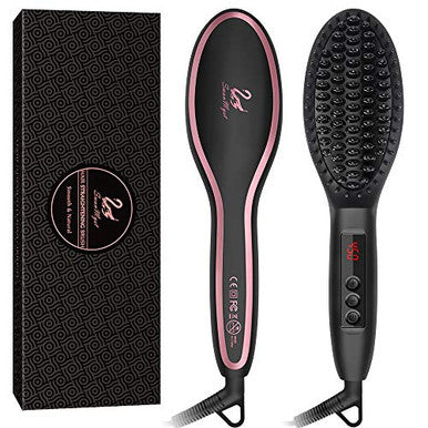 Hair Straightening Brush, SwanMyst Ceramic Ionic Hair Straightener Brush Iron with Auto Temperature Lock and Auto Shut-off Function, Universal Dual Voltage, Gift Water-proof Travel Pouch, Matt Black