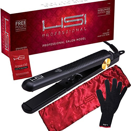 HSI Professional Glider | Ceramic Tourmaline Ionic Flat Iron Hair Straightener | Straightens & Curls with Adjustable Temp | Incl Glove, Pouch, & Travel Size Argan Oil Hair Treatment | Packaging Varies-1600919810