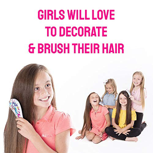 Hair Brush Activity Gift Set for Crafty Girls - Kids will Love to Color in & Decorate their Cute Detangler Hairbrush- Pens & Gemstones included! Unicorn & Mermaid Art Design- Birthday Present, 5 yrs +