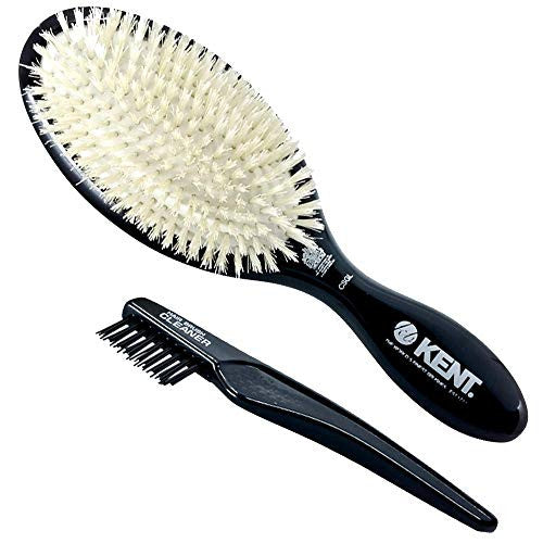 Kent CSGL 8.5" Large Oval Cushion Straightening Brush and Hair Detangler - Natural White Boar Bristle Hair Brush - Shine Hair Brush and Scalp Scrubber for Fine or Thinning Hair (+ Hair Brush Cleaner)-1601535270