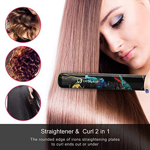 2 in 1 Hair Straightener and Curling Iron,Anti-Static Ceramic Tourmaline Ionic Flat Iron with Adjustable Temp,Dual Voltage,3D Floating Plates,Instant Heat up,Auto Shut off,for All Hair Types(Flower)
