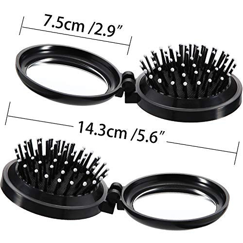 2 Pieces Folding Travel Mirror Hair Brushes Round Folding Pocket Hair Brush Mini Hair Comb Compact Travel Size Hair Massage Comb for Women and Girls (Black, Purple)