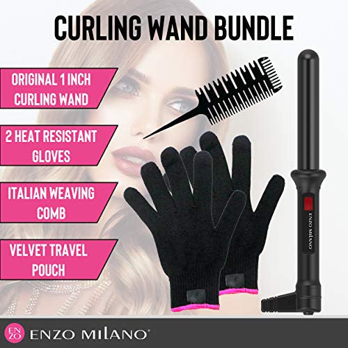 ENZO Milano 25mm (1 Inch) Analog Clipless Ceramic Curling Iron/Curling Wand Bundle (w/Heat Resistant Glove + Weaving Comb)