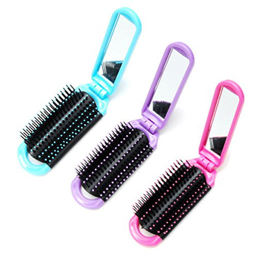 Luxxii (3 Pack) Mini Folding Mirror Detangler Hair Brush Detangling Pocket Comb for Adults & Kids