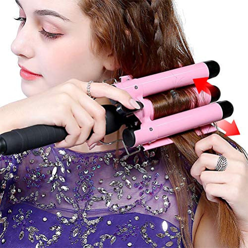 3 Barrel Curling Iron Hair Waver Crimper Hair Iron with LCD Temperature 176℉-446℉Display- Dual Voltage Beach Wave Iron Wavy Hair Curler, Ceramic Tourmaline Triple Barrel Curling Wand 1 Inch, Pink