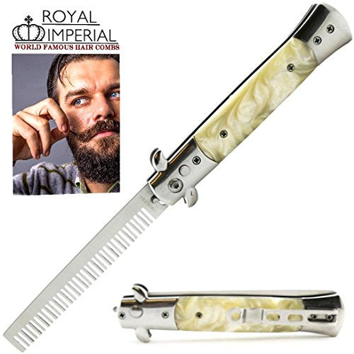 Royal Imperial Metal Switchblade Pocket Folding Flick Hair Comb For Beard or Mustache White Pearl Handle INCLUDES Beard Fact Wallet Booklet.