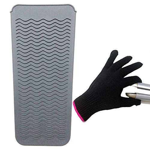 Pochette pour tapis résistant à la chaleur et gant résistant à la chaleur pour fers à friser, lisseurs, fers plats et outils de coiffure 11,5" x 6", silicone de qualité alimentaire, gris